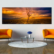 Load image into Gallery viewer, pyramid  nevada  canvas  print  alone  tree  at  sunset  panoramic  canvas  artwork  orange  yellow  desert  sky  wall  art In Living Room
