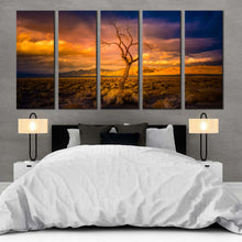 Load image into Gallery viewer, pyramid nevada wall art yellow orange desert sky 5 piece canvas beautiful alone tree at sunset canvas print In Bedroom
