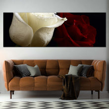 Load image into Gallery viewer, romantic  roses  panorama  canvas  print  panoramic  red  and  white  roses  with  close  up  canvas  wall  art In Living Room
