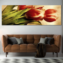 Load image into Gallery viewer, rustic  elegance  tulips  canvas  print  red  vintage  tulip  panorama  with  verdant  green  leaves  canvas  wall  art  for Living Room
