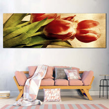 Load image into Gallery viewer, rustic  elegance  tulips  canvas  print  red  vintage  tulip  panorama  with  verdant  green  leaves  canvas  wall  art In Living Room
