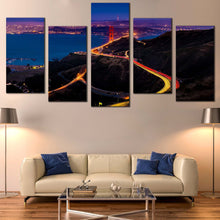 Load image into Gallery viewer, san francisco lights canvas print california golden gate bridge 5 piece wall art blue purple city canvas
