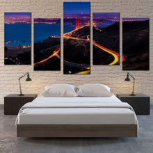 Load image into Gallery viewer, san francisco lights canvas print california golden gate bridge 5 piece wall art blue purple city canvas for your Bedroom
