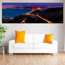 Load image into Gallery viewer, san  francisco  skyline  wall  art  golden  gate  bridge  canvas  print  purple  city  lights  1  piece  canvas  artwork In Living Room
