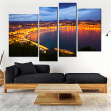 Load image into Gallery viewer, san sebastian canvas pint yellow la concha bay print blue sky spain city beach 4 piece multi wall art for your Living Room
