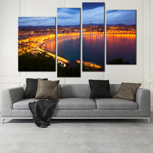 Load image into Gallery viewer, san sebastian canvas pint yellow la concha bay print blue sky spain city beach 4 piece multi wall art In Living Room
