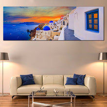 Load image into Gallery viewer, santorini  dreams  wall  art  panoramic  canvas  print  of  dramatic  orange  clouds  overlooking  the  aegean  sea  canvas  artwork  for Living Room
