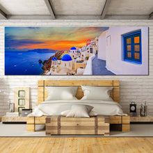 Load image into Gallery viewer, santorini  dreams  wall  art  panoramic  canvas  print  of  dramatic  orange  clouds  overlooking  the  aegean  sea  canvas  artwork  for  bedroom
