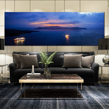 Load image into Gallery viewer, santorini  greece  sunset  canvas  print  sailboats  harbour  panoramic  canvas  wall  art In Living Room
