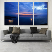 Load image into Gallery viewer, santorini sailboats canvas wall art greece sunset triptych canvas print In Living room
