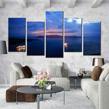 Load image into Gallery viewer, santorini sunset canvas wall art sailboats yellow sky 5 piece canvas print In Living Room
