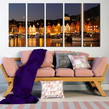 Load image into Gallery viewer, scandinavia grey night canals overlook 5 piece canvas wall art bergen norway harbor canvas print In Living room
