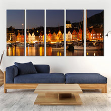 Load image into Gallery viewer, scandinavia grey night canals overlook 5 piece canvas wall art bergen norway harbor canvas print for your Living room
