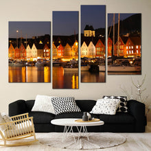 Load image into Gallery viewer, scandinavia harbor canvas wall art beautiful orange overlook 4 piece canvas print In Living Room
