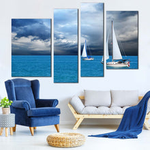 Load image into Gallery viewer, seaside reflections wall art white sailing boats sea canvas print cloudy sky blue ocean 4 piece multiple canvas for your Living Room
