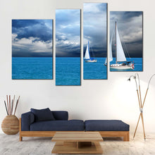 Load image into Gallery viewer, seaside reflections wall art white sailing boats sea canvas print cloudy sky blue ocean 4 piece multiple canvas In Living Room
