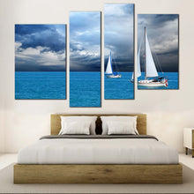 Load image into Gallery viewer, seaside reflections wall art white sailing boats sea canvas print cloudy sky blue ocean 4 piece multiple canvas for your 
