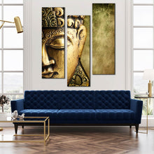 Load image into Gallery viewer, serene  buddha  wall  art  meditation  buddha  close  up  canvas  print  graceful  gold  buddha  statue  3  piece  canvas For Living  Room
