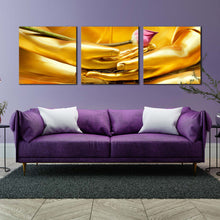 Load image into Gallery viewer, serene  lord  buddha  wall  art  peaceful  yellow  golden  buddha  statue  3  piece  multi  canvas  print  for Living Room
