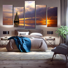 Load image into Gallery viewer, serene sailboat sunset wall art sailboat at sunset 5 piece canvas print blue gold ocean canvas set for Bedroom
