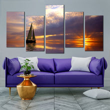 Load image into Gallery viewer, serene sailboat sunset wall art sailboat at sunset 5 piece canvas print blue gold ocean canvas set for Living Room
