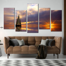 Load image into Gallery viewer, serene sailboat sunset wall art sailboat at sunset 5 piece canvas print blue gold ocean canvas set In Living Room
