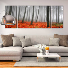 Load image into Gallery viewer, serenity  in  the  rainforest  canvas  wall  art  red  grass  gray  rain  3  piece  canvas  print In Living Room
