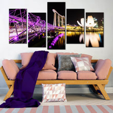 Load image into Gallery viewer, singapore casino wall art marina bay sands purple helix bridge 5 piece multiple canvas city bridge canvas print In Living Room
