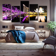 Load image into Gallery viewer, singapore casino wall art marina bay sands purple helix bridge 5 piece multiple canvas city bridge canvas print for your Bedroom
