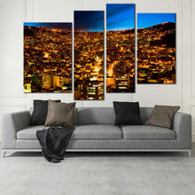 Load image into Gallery viewer, skyline elevation canvas print blue sky city mountains wall art gold city lights bolivia 4 piece multi canvas for your Living Room
