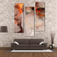 Load image into Gallery viewer, smoke  texture  wall  art  embossed  fractal  triptych  canvas  set  orange  white  fractal  abstract  3  piece  canvas  print In Living Room
