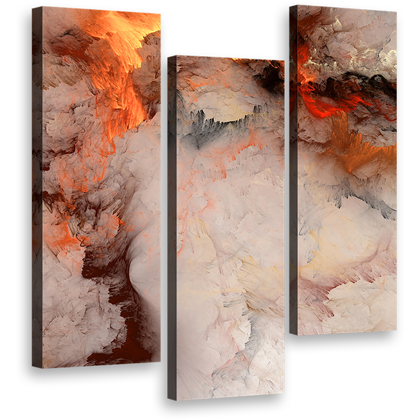 smoke  texture  wall  art  embossed  fractal  triptych  canvas  set  orange  white  fractal  abstract  3  piece  canvas  print