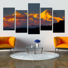 Load image into Gallery viewer, snow landscape canvas print orange sunlight white mount machhapuchhre 5 piece collection canvas wall art In Living Room
