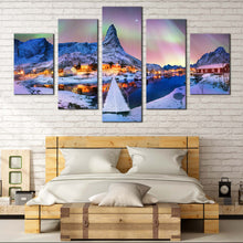 Load image into Gallery viewer, snowy mountains    northern lights 5 piece canvas printblue archipelago    lofoten island wall art for Bedroom
