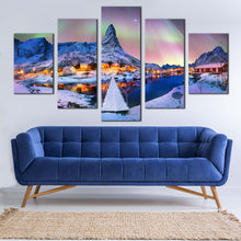 Load image into Gallery viewer, snowy mountains    northern lights 5 piece canvas printblue archipelago    lofoten island wall art for Living Room
