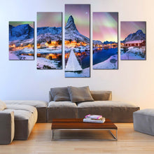 Load image into Gallery viewer, snowy mountains    northern lights 5 piece canvas printblue archipelago    lofoten island wall art In Living Room
