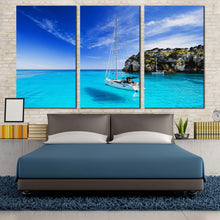 Load image into Gallery viewer, spain clear blue sky sailing boat triptych canvas print menorca island harbour 3 piece canvas wall art for Bedroom
