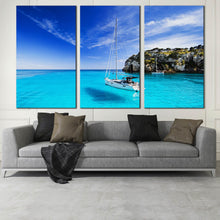 Load image into Gallery viewer, spain clear blue sky sailing boat triptych canvas print menorca island harbour 3 piece canvas wall art In Living Room
