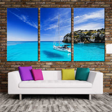 Load image into Gallery viewer, spain clear blue sky sailing boat triptych canvas print menorca island harbour 3 piece canvas wall art for Living Room
