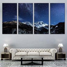 Load image into Gallery viewer, starry desert night canvas wall art blue sky milky way and white himalaya mountains 4 piece canvas print for Living Room
