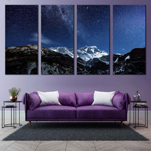 Load image into Gallery viewer, starry desert night canvas wall art blue sky milky way and white himalaya mountains 4 piece canvas print In  Living Room
