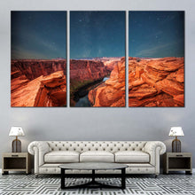 Load image into Gallery viewer, starry grand canyon night canvas print orange desert and blue sky stars 3 piece canvas wall art In Living Room
