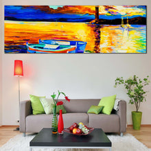 Load image into Gallery viewer, sunset  boat  wall  art  yellow  orange  ocean  seascape  canvas  print  blue  boat  ship  canvas  set In Living Room
