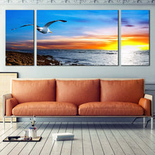 Load image into Gallery viewer, sunset  breeze  bird  canvas  wall  art  clouds  in  orange  sky  canvas  set  bird  soaring  in  blue  sky  triptych  canvas  print  for  Living Room
