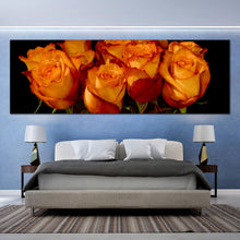 Load image into Gallery viewer, sunset  glow  roses  canvas  print  orange  rose  bunch  on  noir  background  panoramic  canvas  wall  art  for  bedroom
