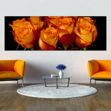 Load image into Gallery viewer, sunset  glow  roses  canvas  print  orange  rose  bunch  on  noir  background  panoramic  canvas  wall  art In Living Room
