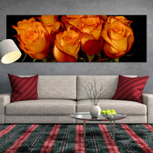 Load image into Gallery viewer, sunset  glow  roses  canvas  print  orange  rose  bunch  on  noir  background  panoramic  canvas  wall  art  for Living Room
