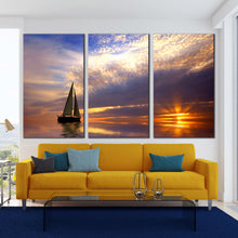 Load image into Gallery viewer, sunset sailboat escape canvas print sailboat at sunset triptych blue gold ocean 3 piece wall art for Living room
