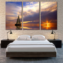 Load image into Gallery viewer, sunset sailboat escape canvas print sailboat at sunset triptych blue gold ocean 3 piece wall art for Bedroom
