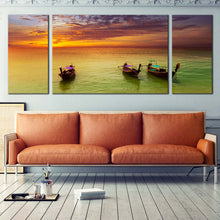 Load image into Gallery viewer, sunset sailboats escape orange sailboats 3 piece canvas wall art thailand sea boats triptych canvas print In Living Room
